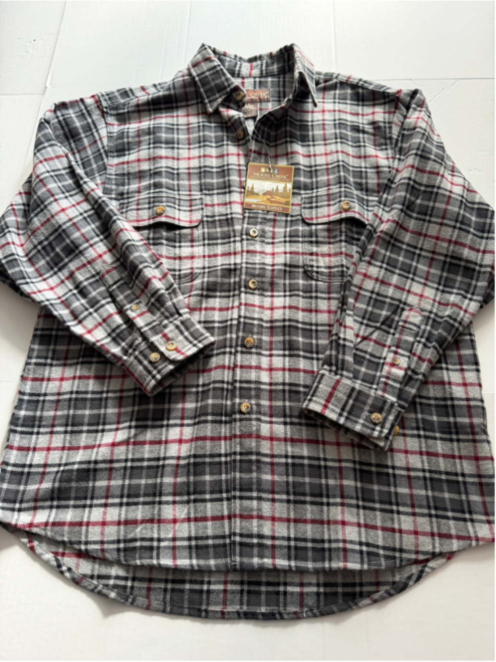 Men's Moose Creek Flannel Shirt Large Grey Red Plaid Button Down